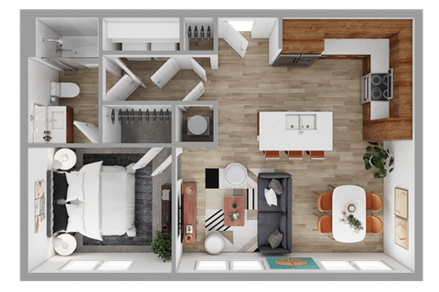 Floor plan for 1 bed, 1 bath, 630 sqft